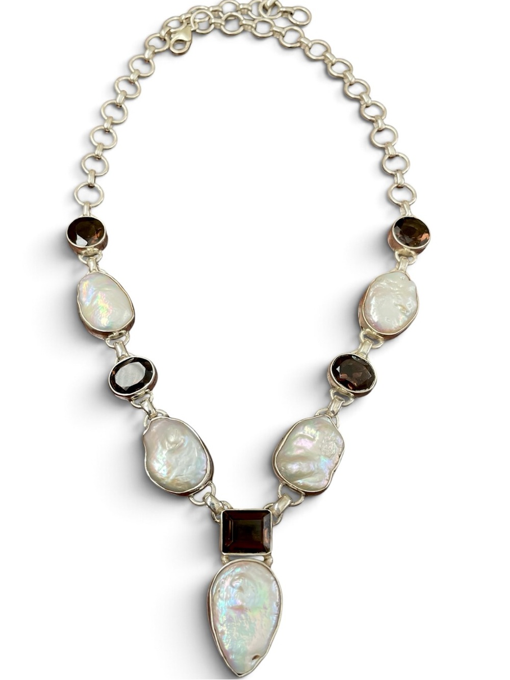 Necklace with Baroque Mother of Pearl and Smoky Quartz in 925 Sterling Necklace